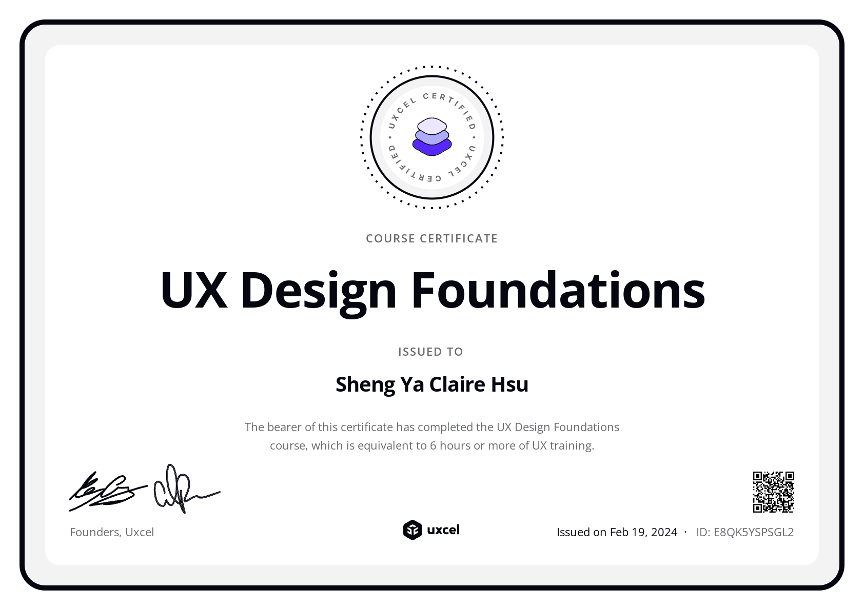 Sheng-Ya, Claire Hsu's certificate
